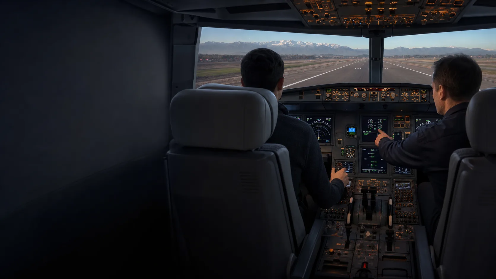 Participante e instructor en una cabina de simulador Airbus A320 con vista a la cordillera de los Andes