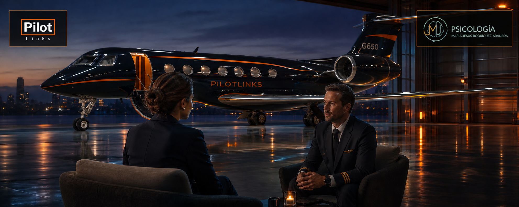 Psicóloga conversando con un piloto frente a un Gulfstream G650, con los logos de PilotLinks y Psicología María Jesús